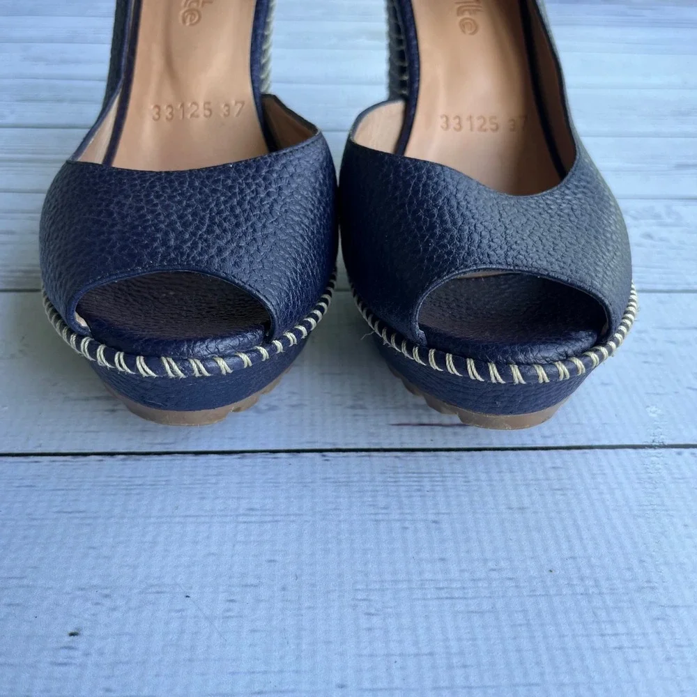 Bon-Bonite Navy Pebbled Leather Platform Mary Jane Peep Toe Heels Size 37